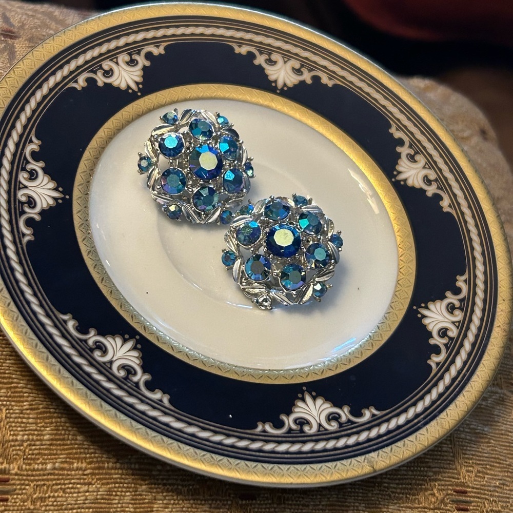 Vintage AB Blue Crystal Clip-On Earrings